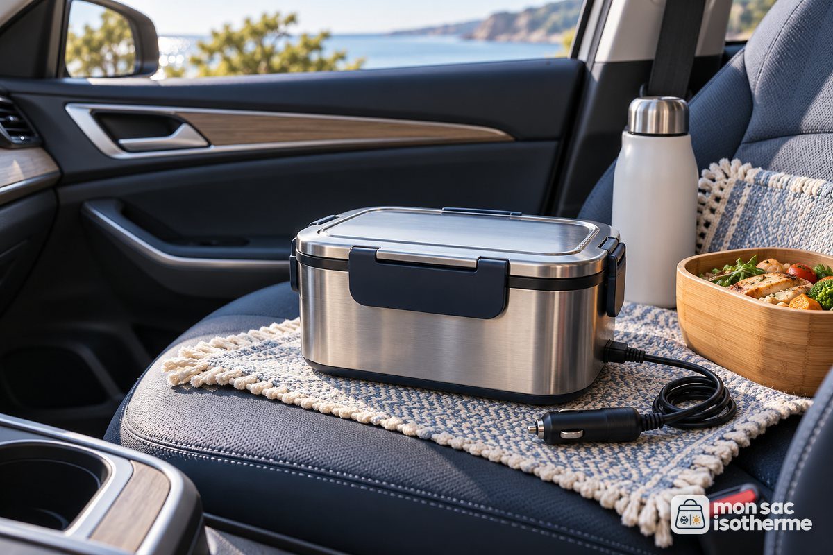 Gamelle chauffante en inox avec câble 12 V posée sur un siège de voiture