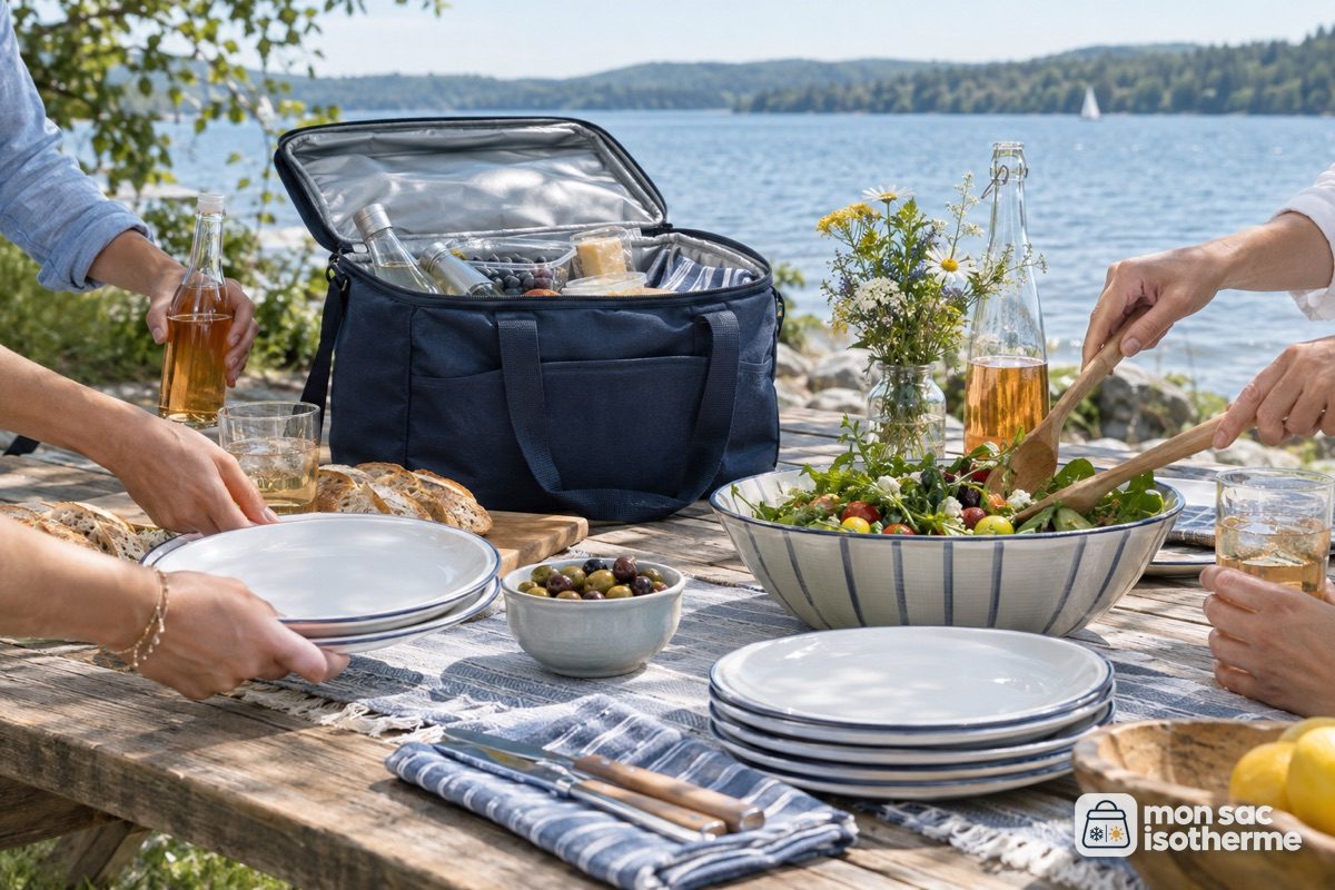 Glacière souple ouverte sur une table de pique-nique familiale au bord d'un lac