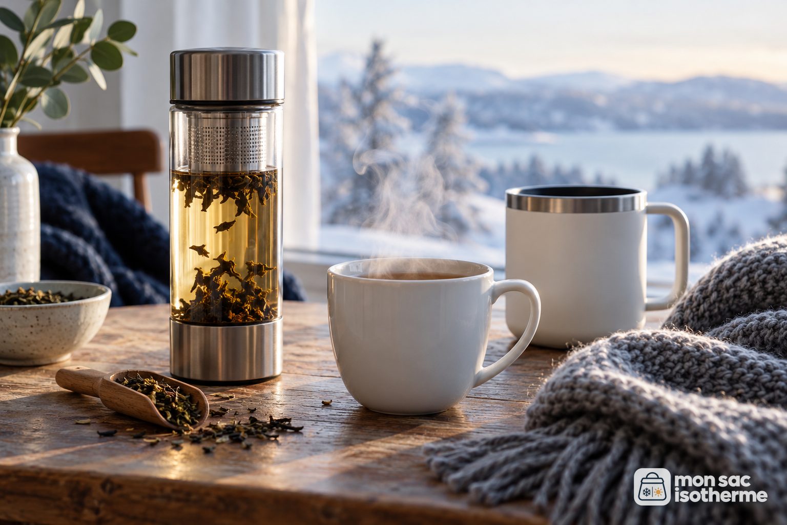 Gourde en inox avec filtre à thé, tasse fumante et mug isotherme blanc sur une table en bois en hiver