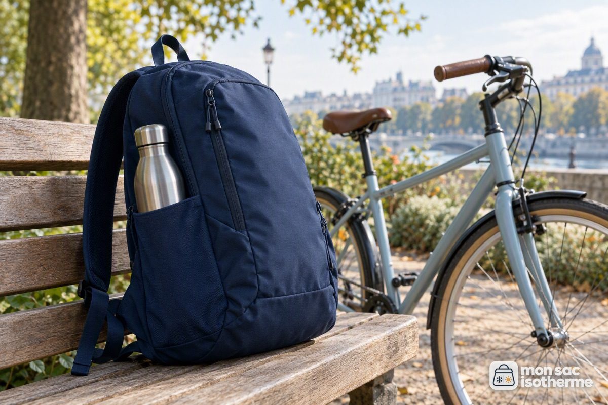 Gourde en inox dans la poche d'un sac à dos posé à côté d'un vélo