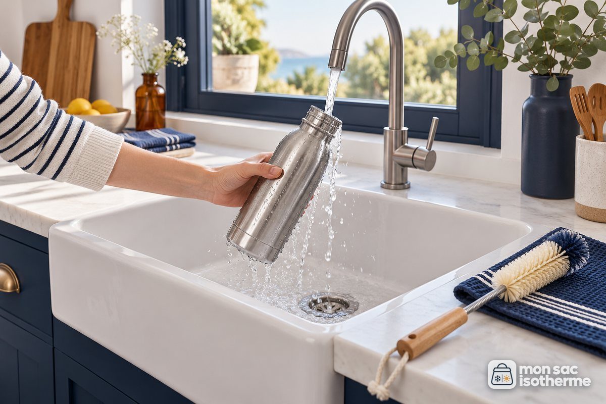 Gourde en inox rincée sous le robinet avec un goupillon à côté