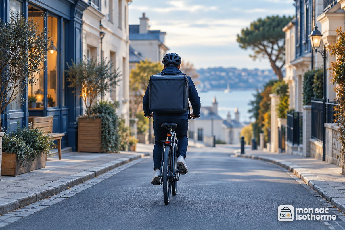 Livreur à vélo vu de dos avec un sac à dos isotherme sobre sur une rue de ville