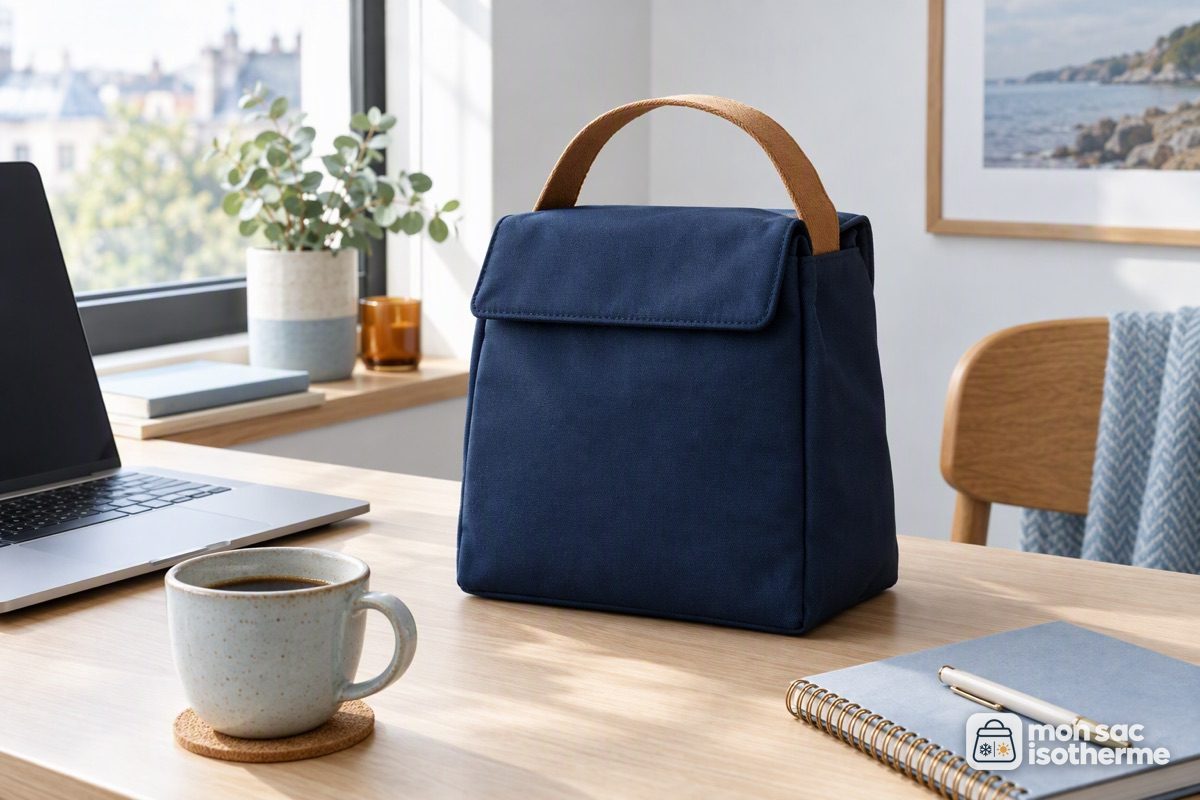 Lunch bag élégant posé sur un bureau à côté d'un ordinateur et d'un café