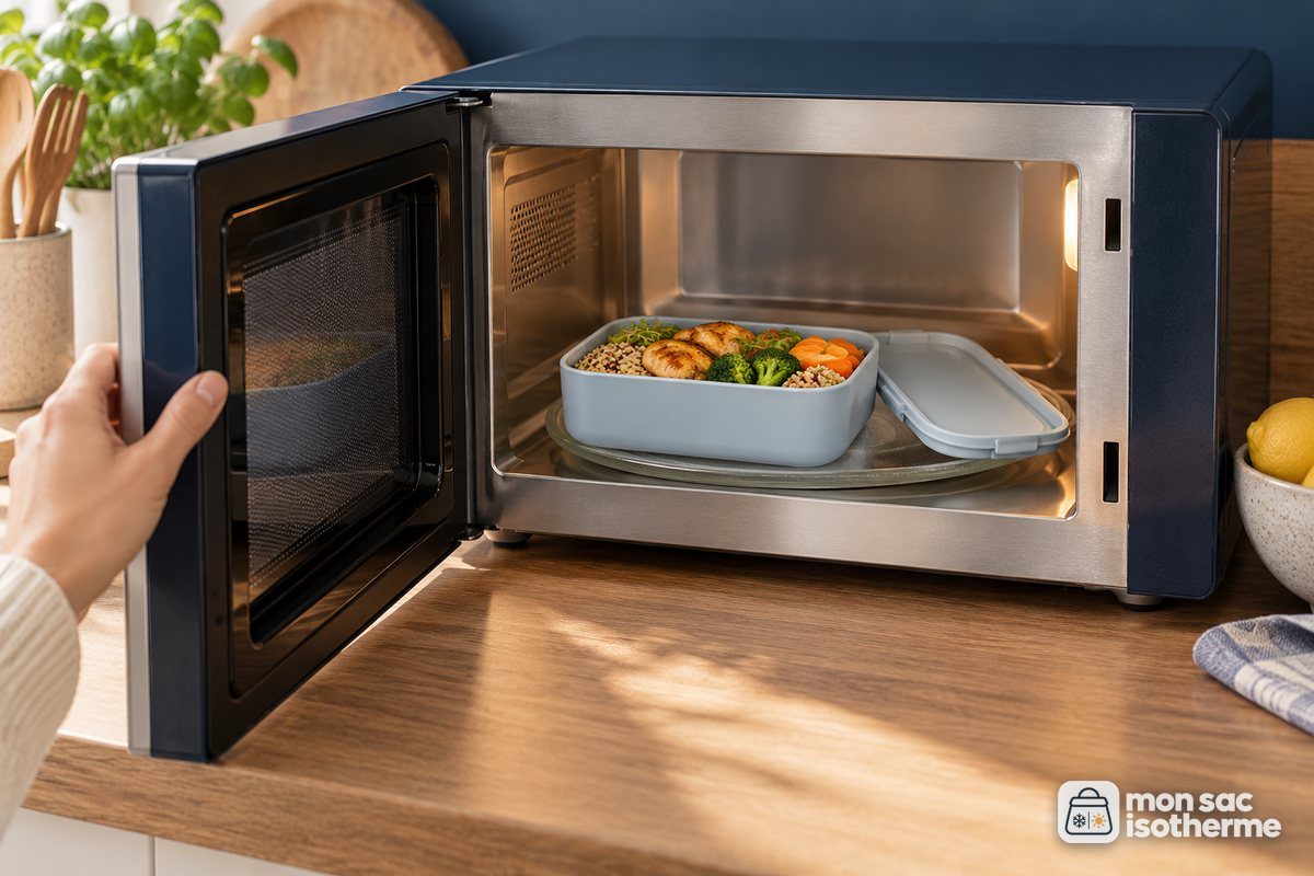 Lunch box bento sans son couvercle dans un micro-ondes ouvert