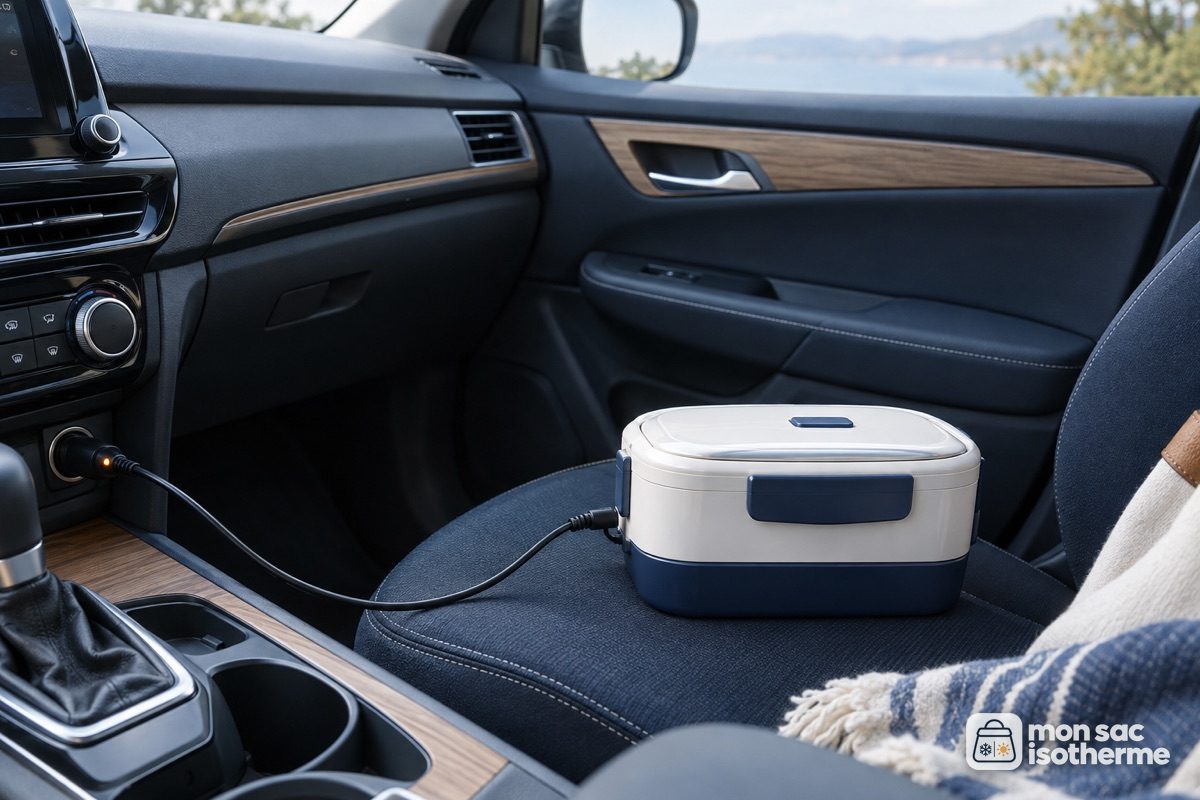 Lunch box chauffante branchée sur la prise allume-cigare d'une voiture