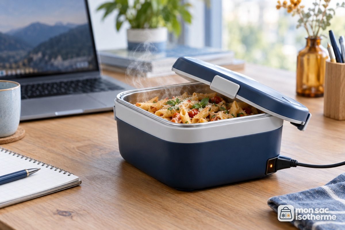 Lunch box chauffante branchée sur un bureau avec un plat fumant