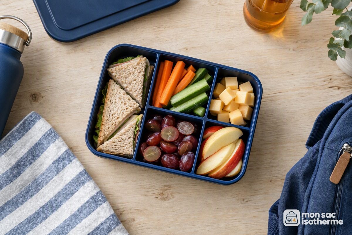 Lunch box d'enfant vue du dessus avec petits sandwichs, bâtonnets de légumes et fruits