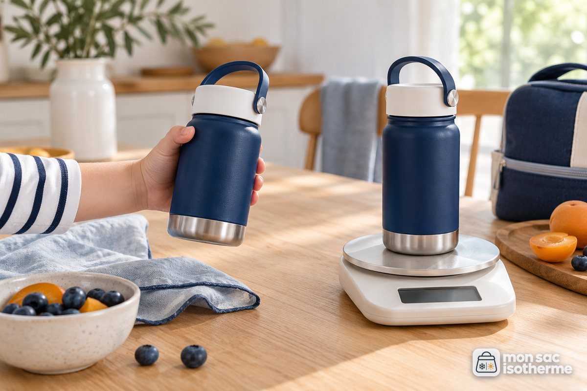 Main d'enfant tenant une petite gourde en inox à côté d'une balance de cuisine