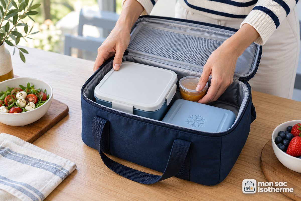 Main posant une boîte repas à plat dans un sac isotherme avec un pain de glace