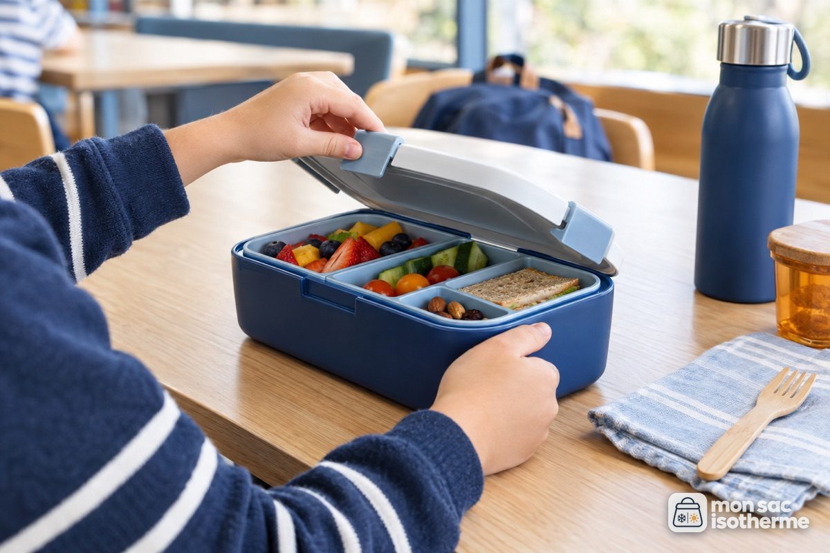 Mains d'enfant qui ouvrent une lunch box à compartiments à la cantine
