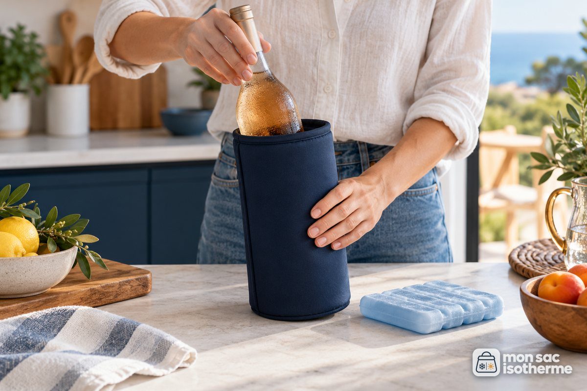 Mains glissant une bouteille fraîche dans un sac isotherme à côté d'un pain de glace