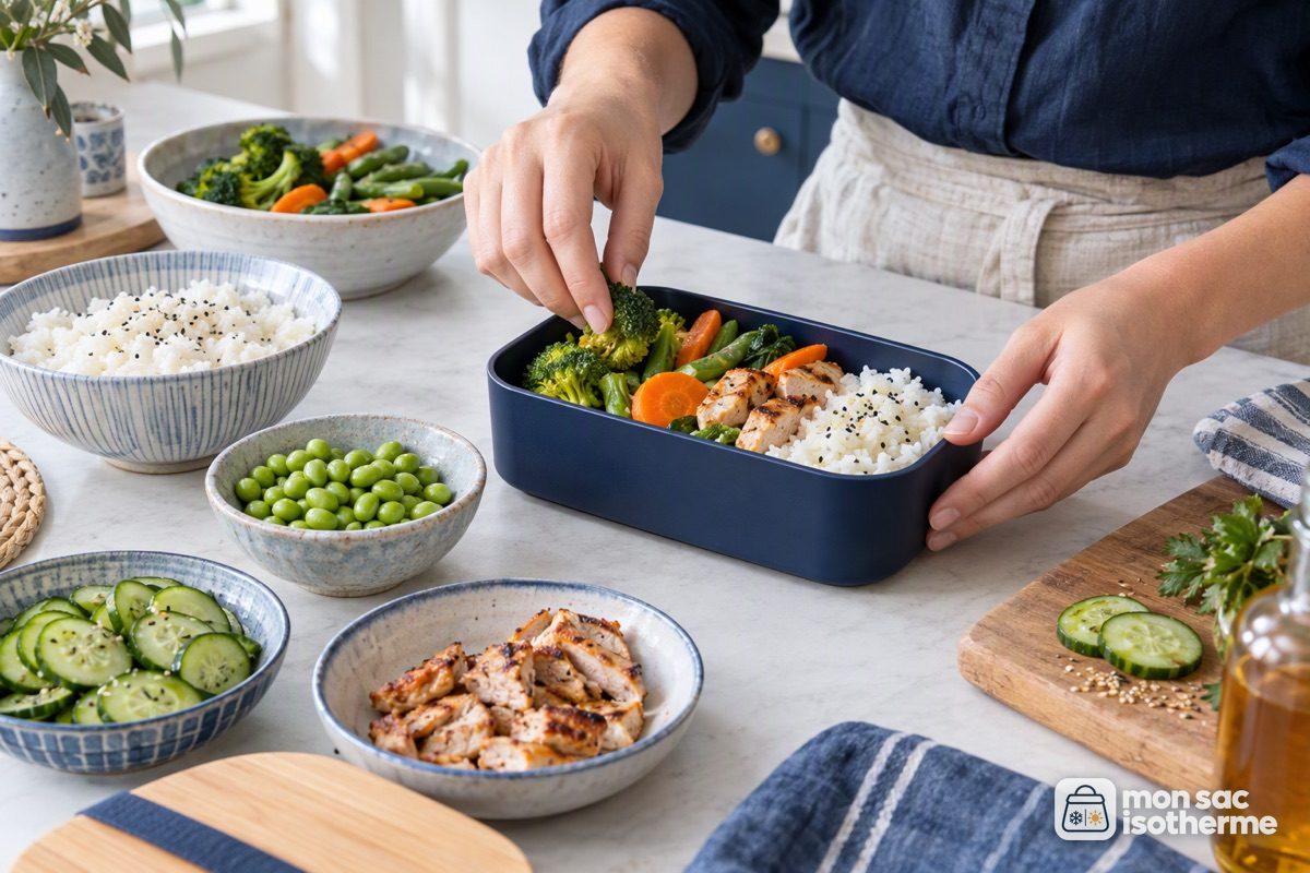 Mains qui composent un bento sur un plan de travail de cuisine