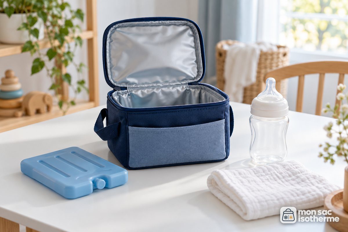 Petit sac isotherme ouvert avec un pain de glace et un biberon vide propre