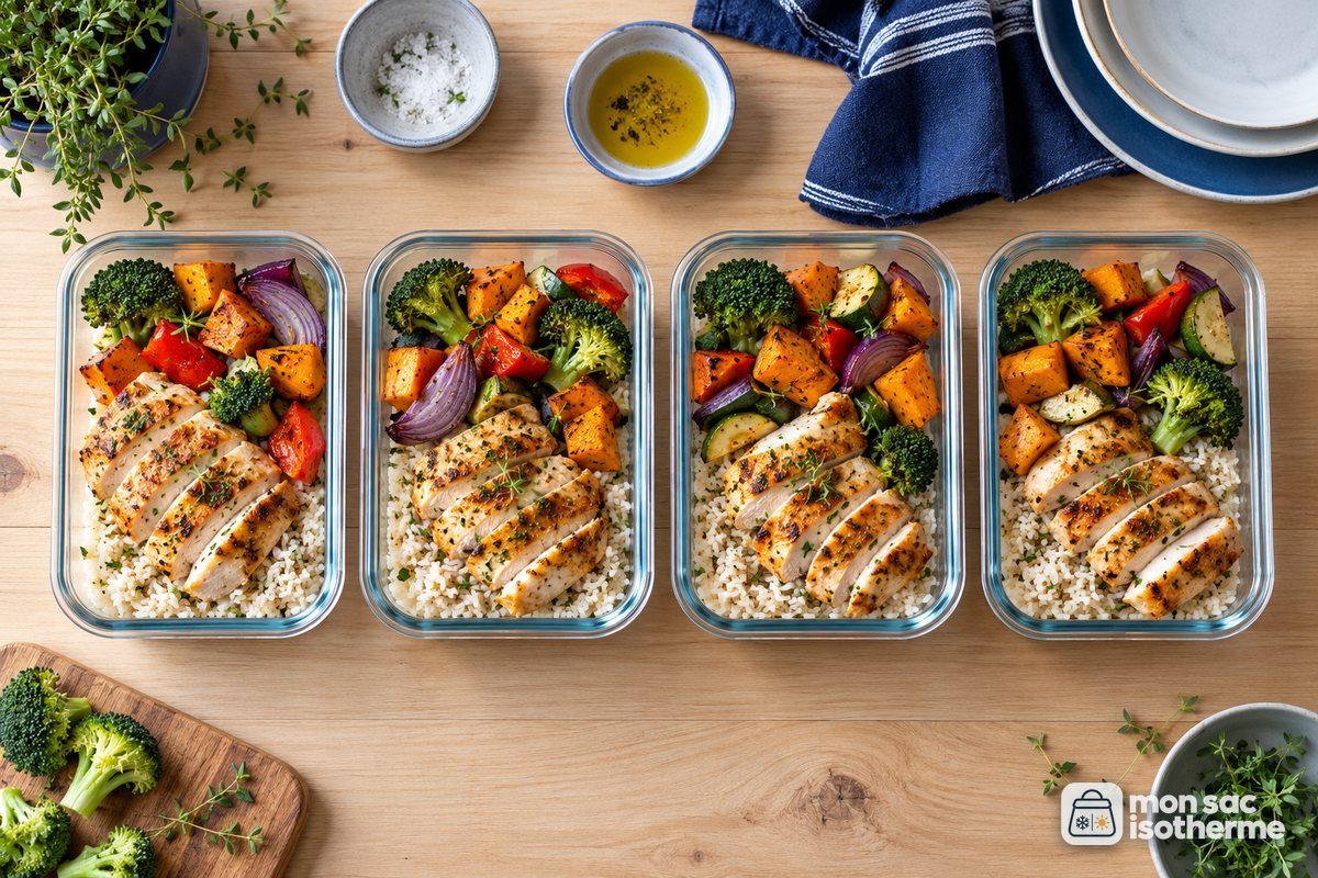 Plusieurs boîtes de repas préparés alignées sur un plan de travail en bois clair