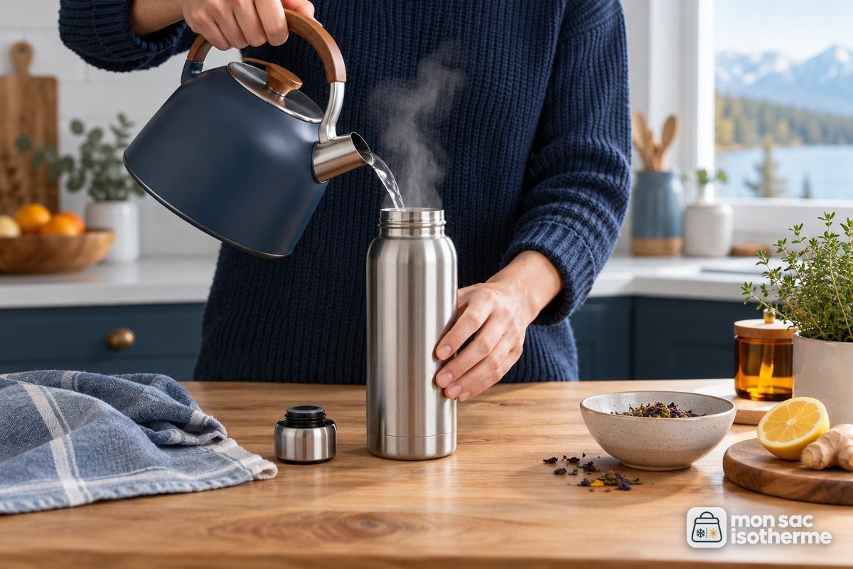 Préchauffage d'une bouteille isotherme en inox avec de l'eau chaude
