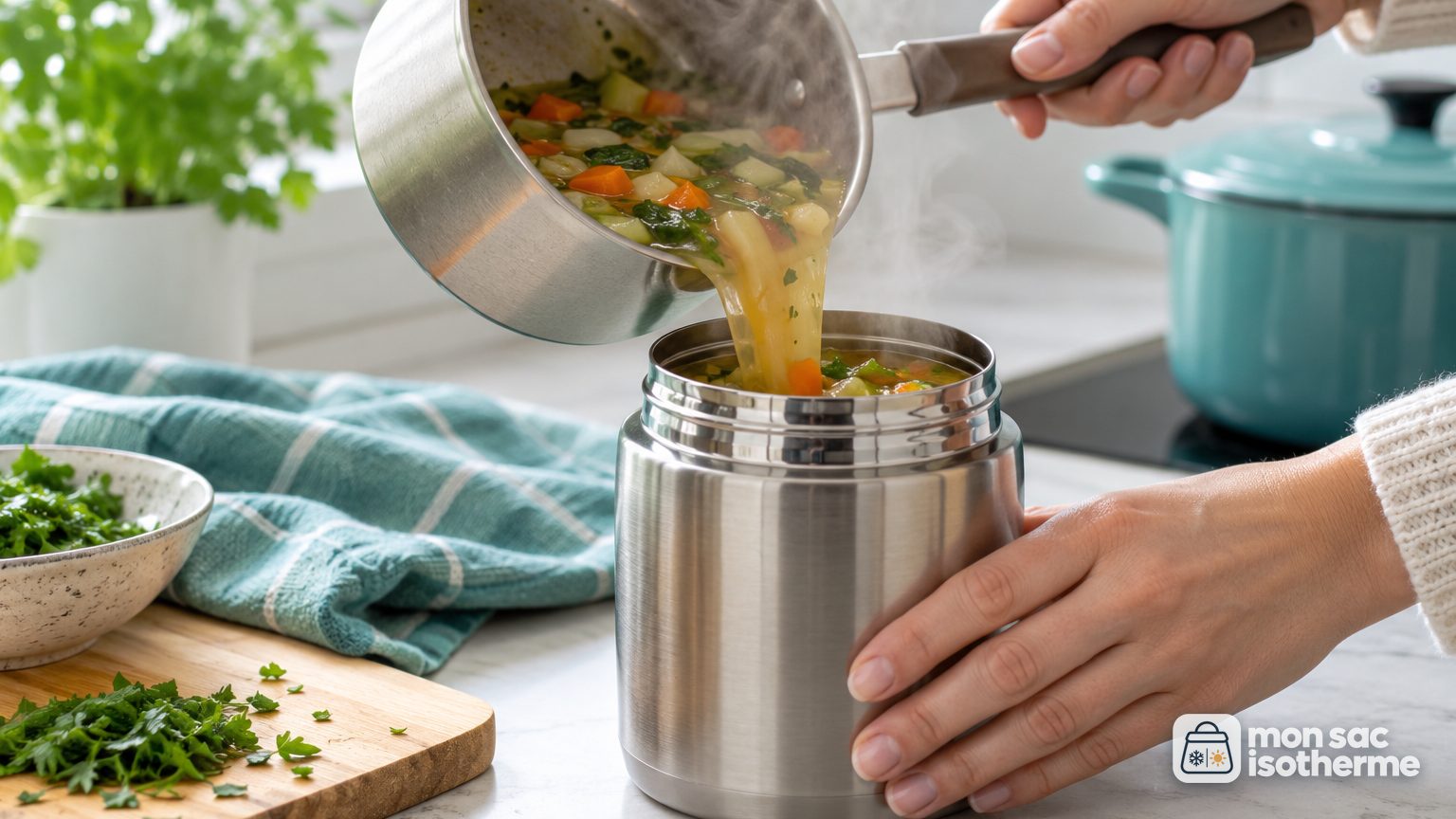 Mains versant une soupe de légumes chaude d'une casserole dans un thermos alimentaire en inox à large ouverture