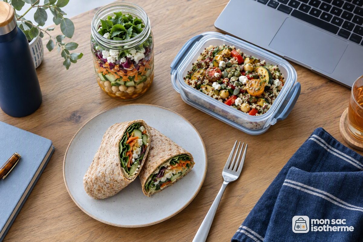 Repas froids sur un bureau : salade en bocal, bol de quinoa et wrap