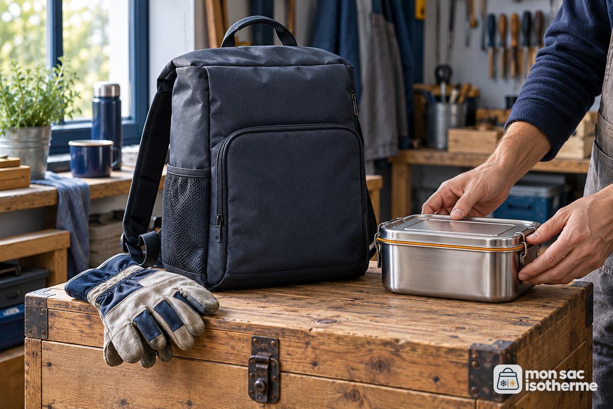 Sac à dos isotherme gris foncé et lunch box en inox posés sur une caisse à outils dans un atelier