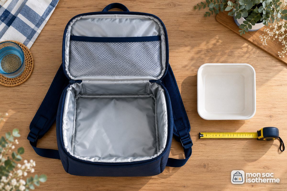Sac à dos isotherme ouvert avec une boîte repas et un mètre posés à côté