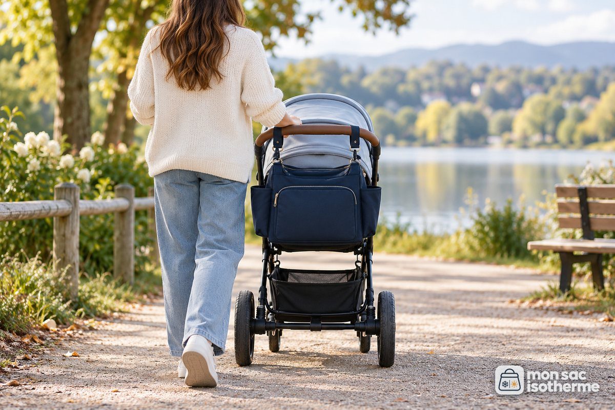 Sac à langer isotherme accroché à une poussette dans un parc