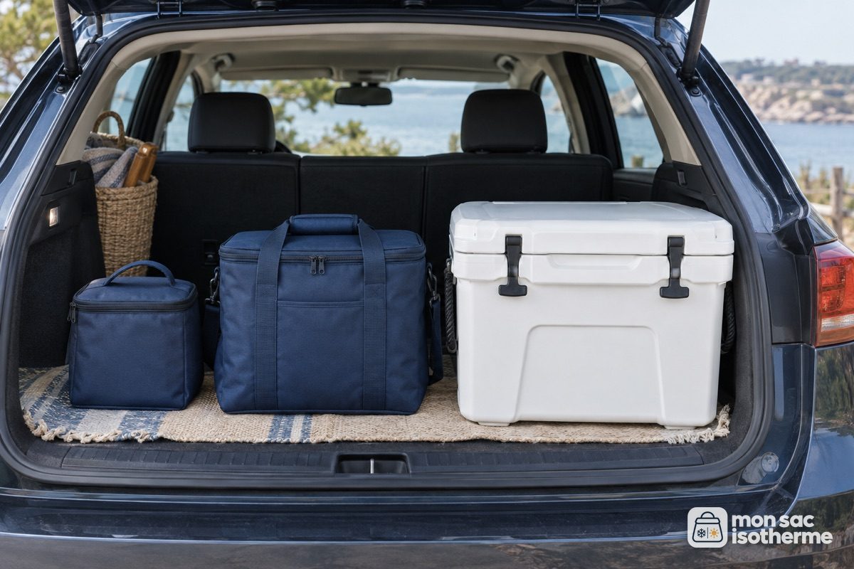 Sac isotherme, glacière souple et glacière rigide alignés dans le coffre d'une voiture