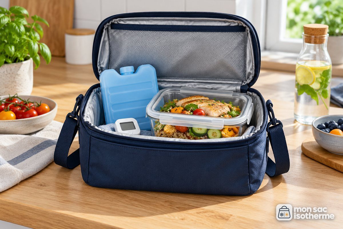 Sac isotherme ouvert avec un pain de glace et une boîte repas sur un plan de travail