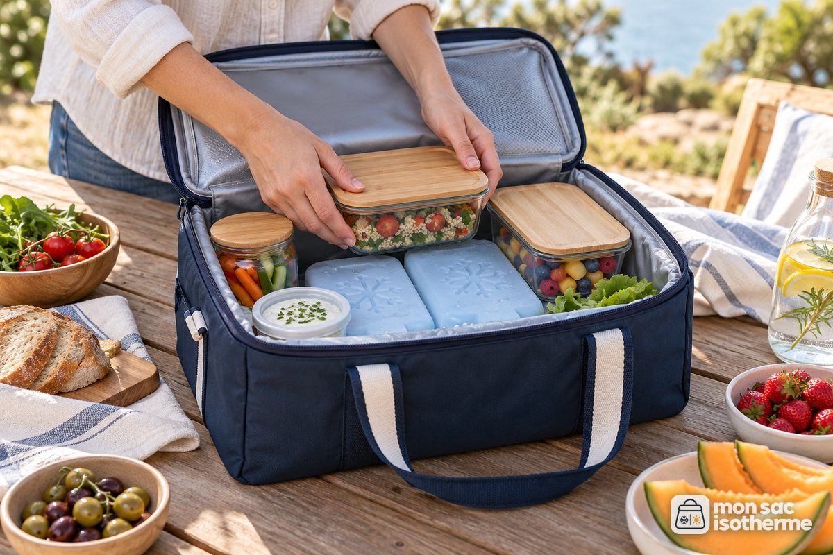 Sac isotherme ouvert que l'on charge avec des pains de glace et des plats
