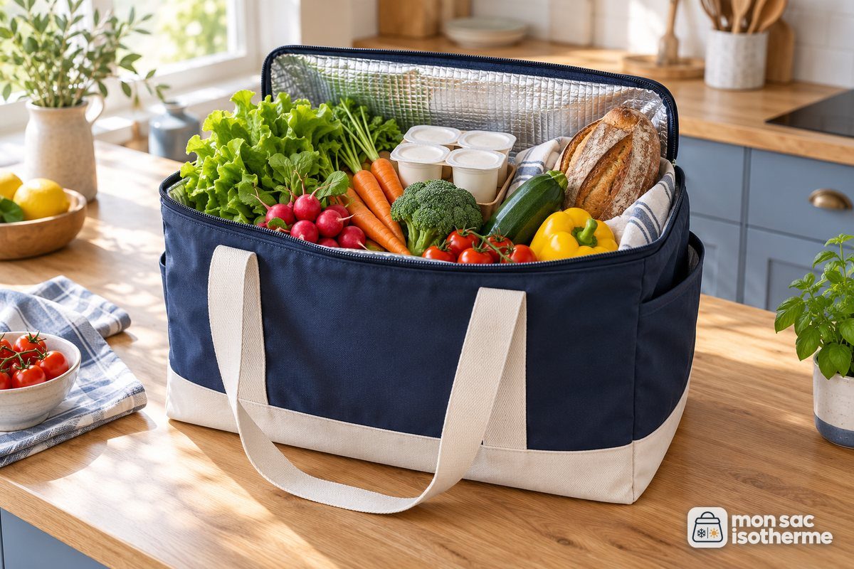 Sac isotherme ouvert rempli de légumes, de yaourts et de pain sur un plan de travail