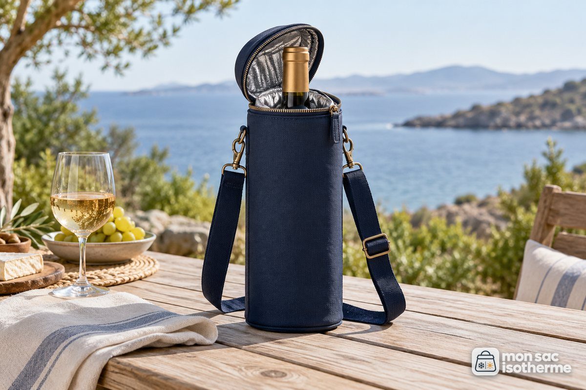 Sac isotherme pour bouteille de vin posé sur une table de pique-nique en bois clair