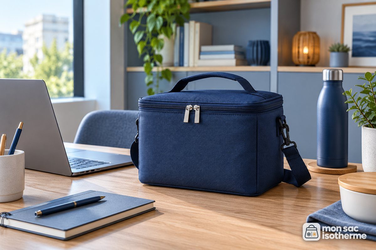 Sac isotherme repas fermé posé sur un bureau