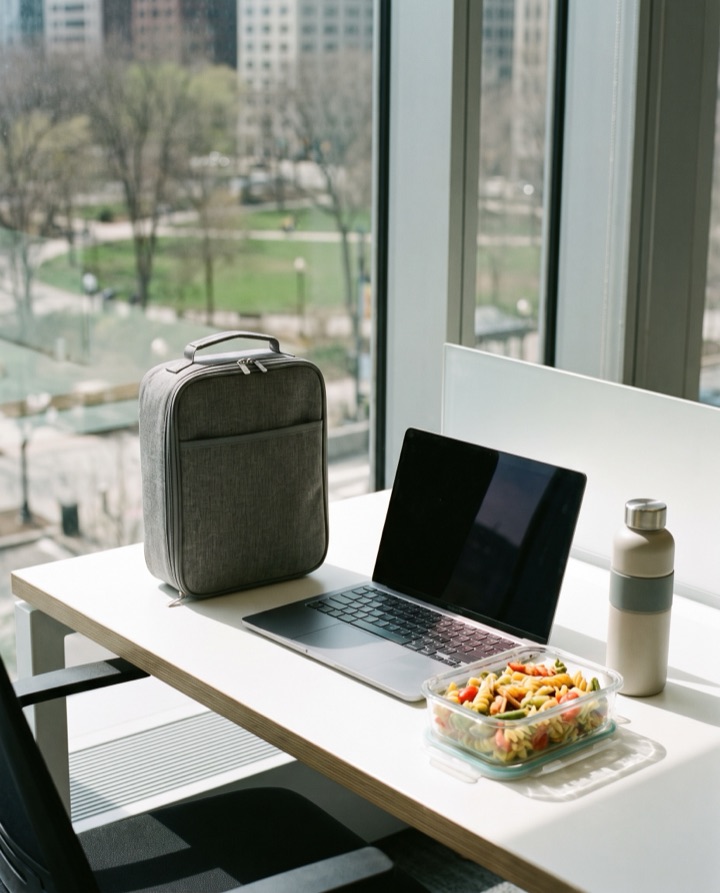 Sac isotherme repas posé sur un bureau à midi avec une lunch box en verre