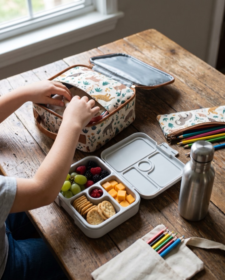 Enfant qui range sa lunch box à compartiments dans un sac isotherme à motifs