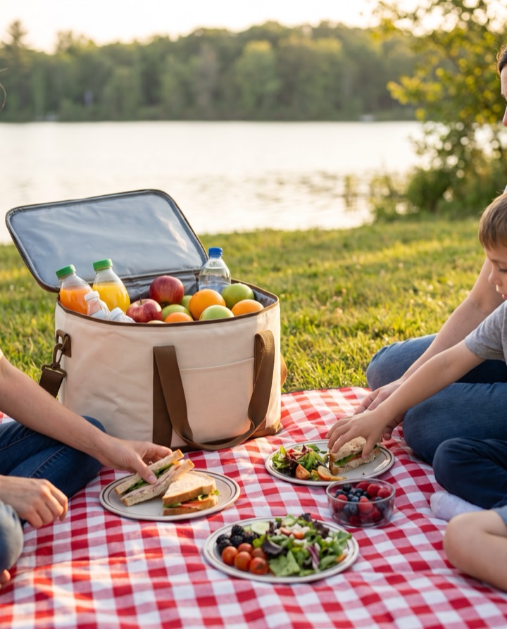 Glacière souple ouverte avec boissons et fruits lors d'un pique-nique au bord d'un lac
