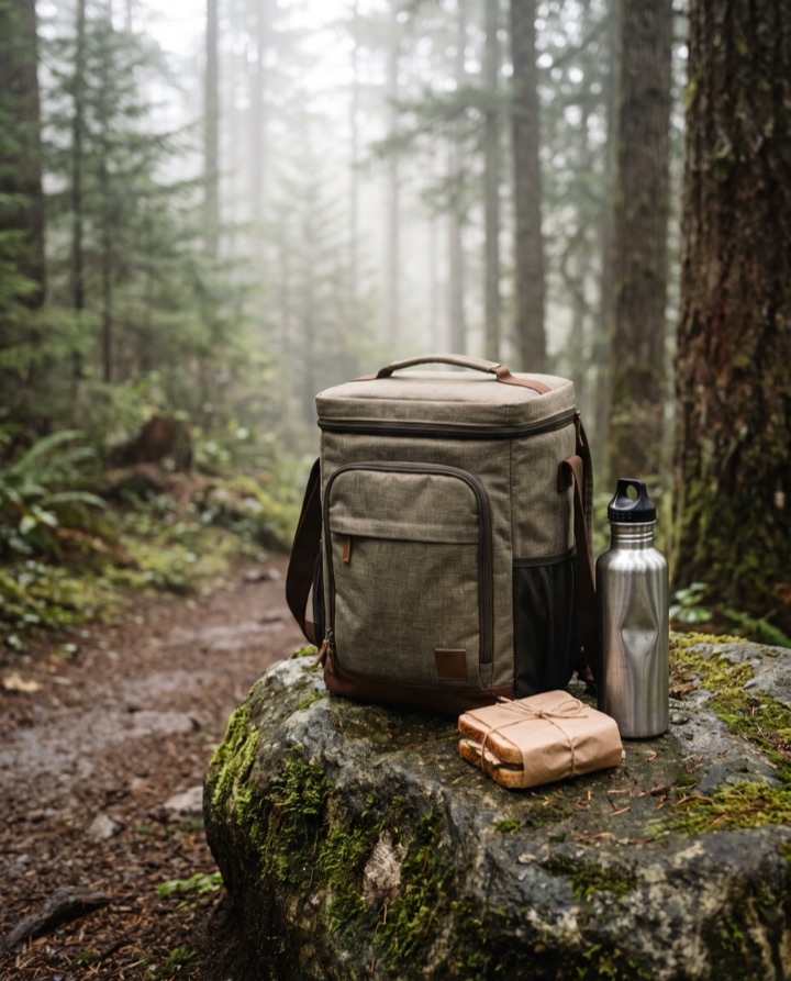 Sac à dos isotherme posé sur un rocher au bord d'un sentier, avec une gourde