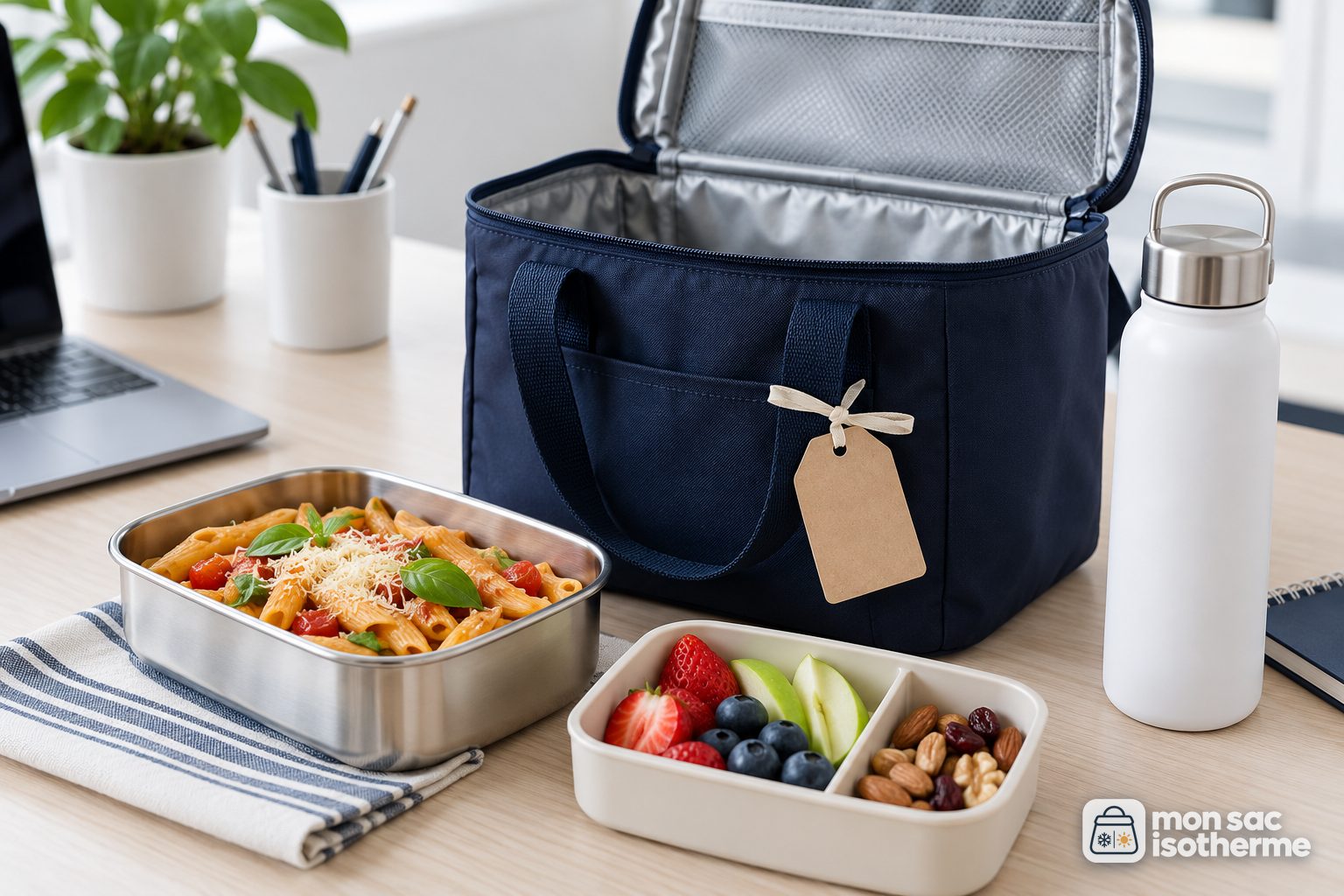 Sac repas isotherme bleu marine avec étiquette cadeau, boîte en inox de pâtes, boîte bento de fruits et bouteille isotherme blanche sur un bureau