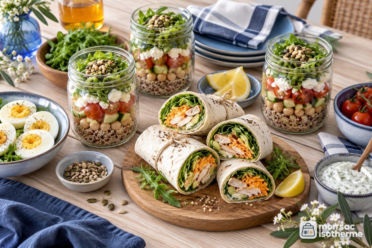 Salades en bocal, œufs durs et wraps préparés pour un pique-nique