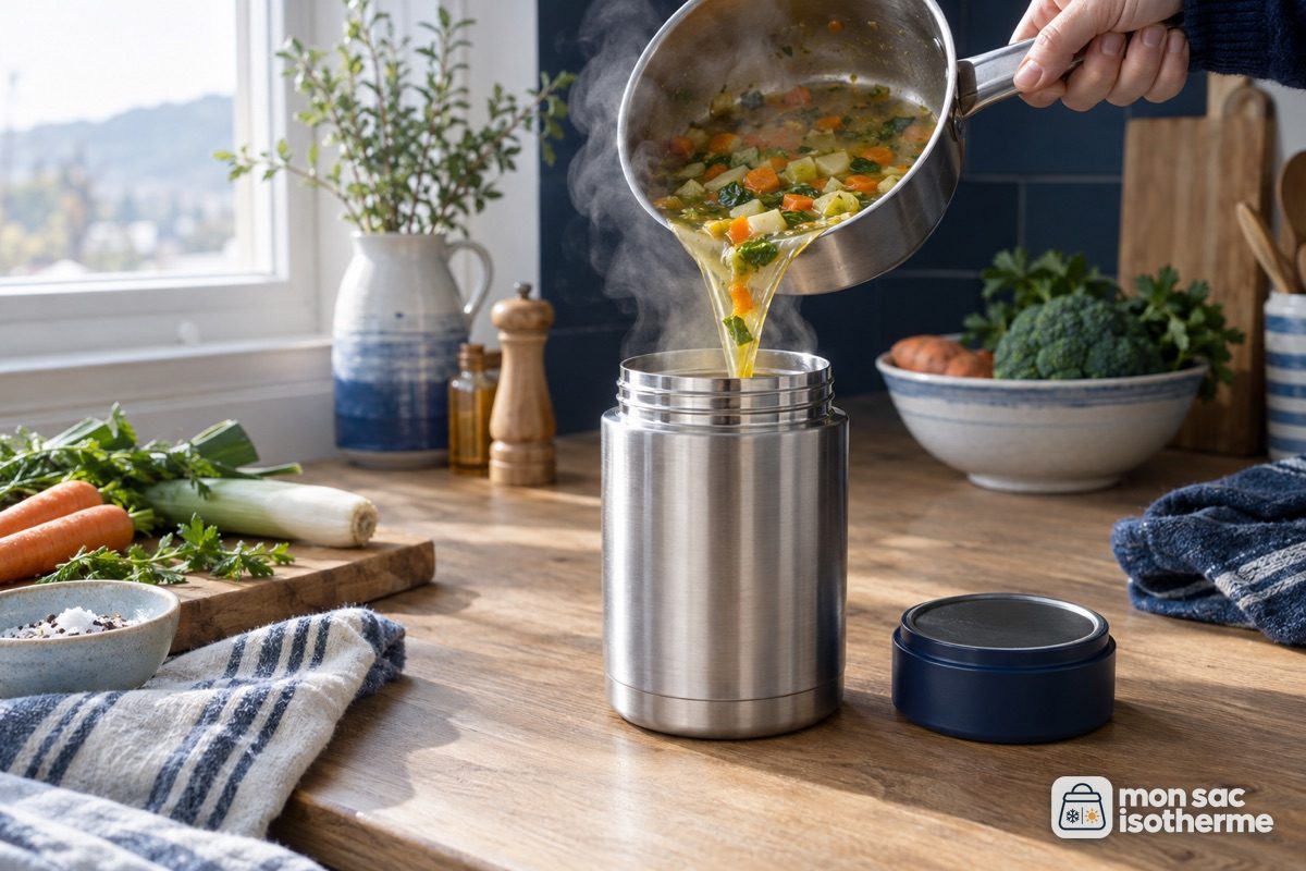 Soupe fumante versée dans une boîte isotherme en inox le matin