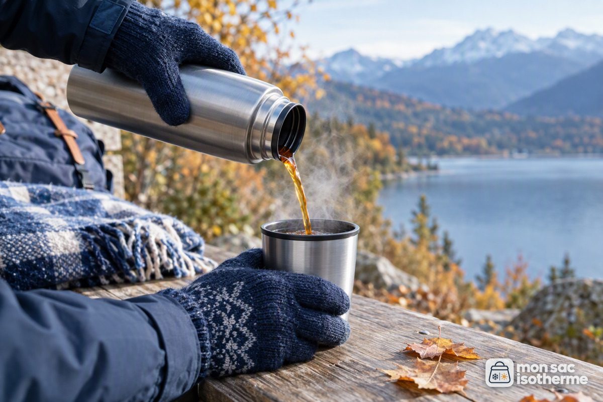 Thé chaud versé d'une bouteille isotherme dans son gobelet un matin d'automne