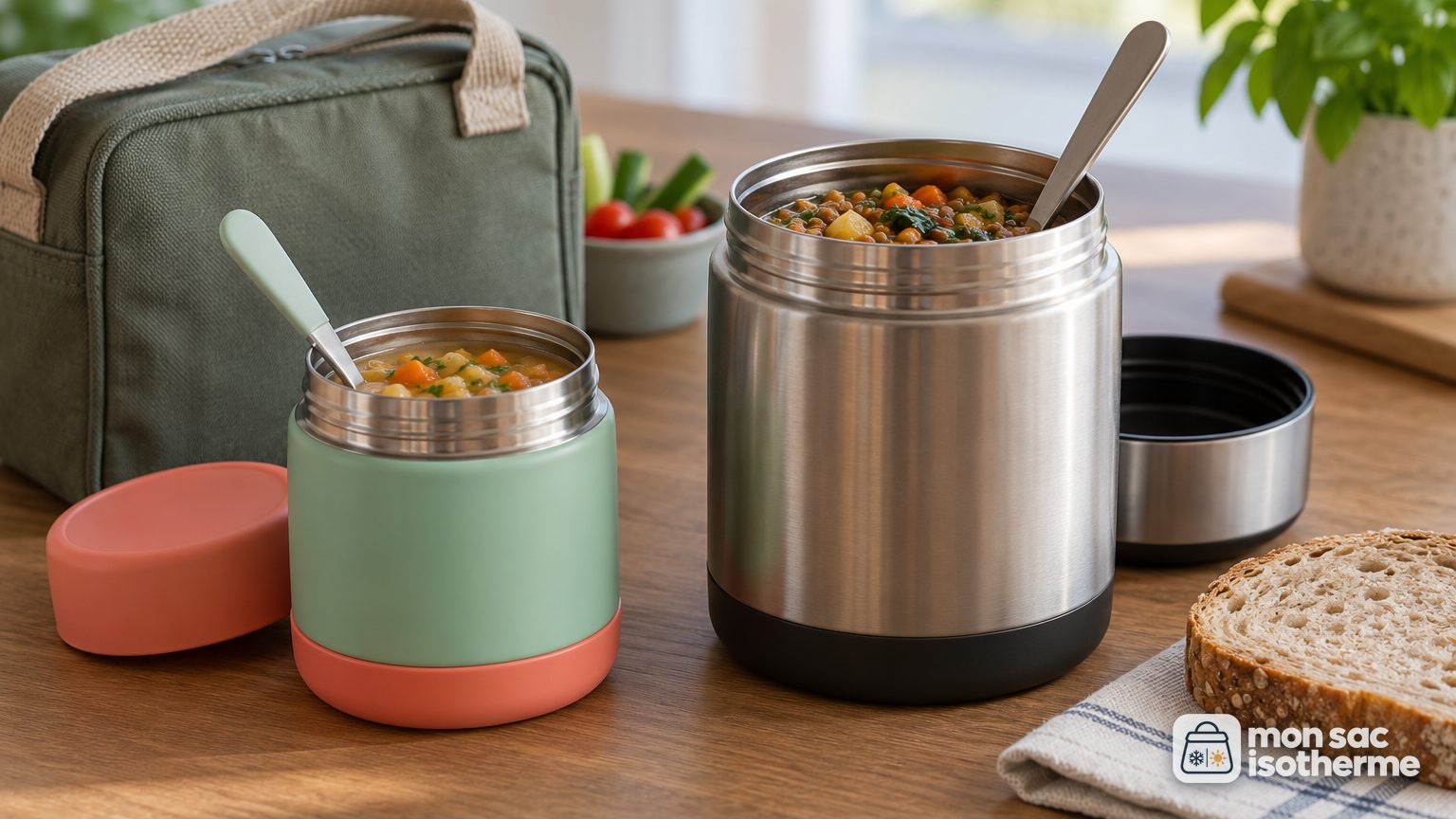 Petit thermos alimentaire coloré pour enfant et grand thermos en inox pour adulte côte à côte sur une table