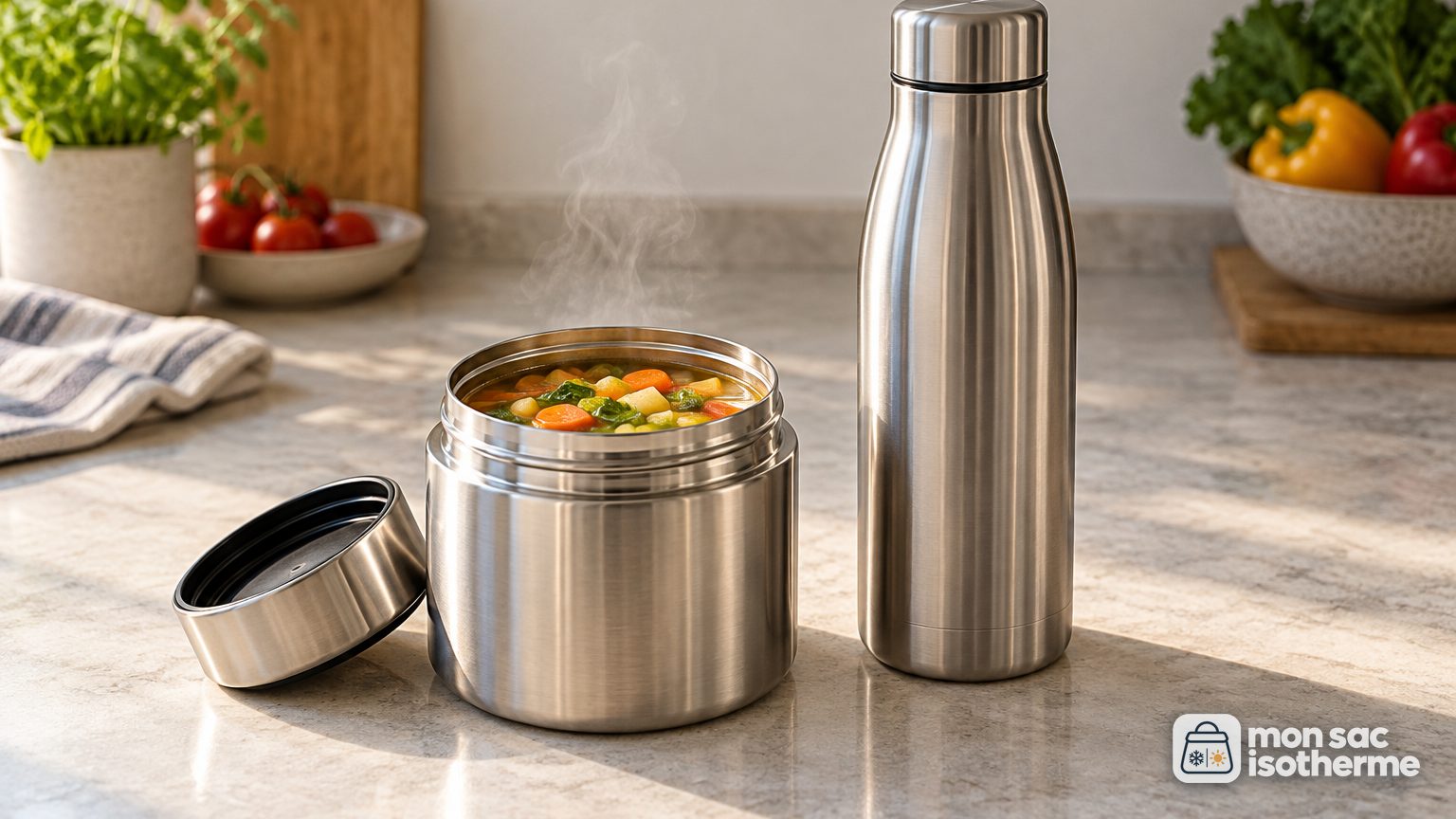 Thermos alimentaire ouvert rempli de soupe de légumes à côté d'une bouteille isotherme en inox