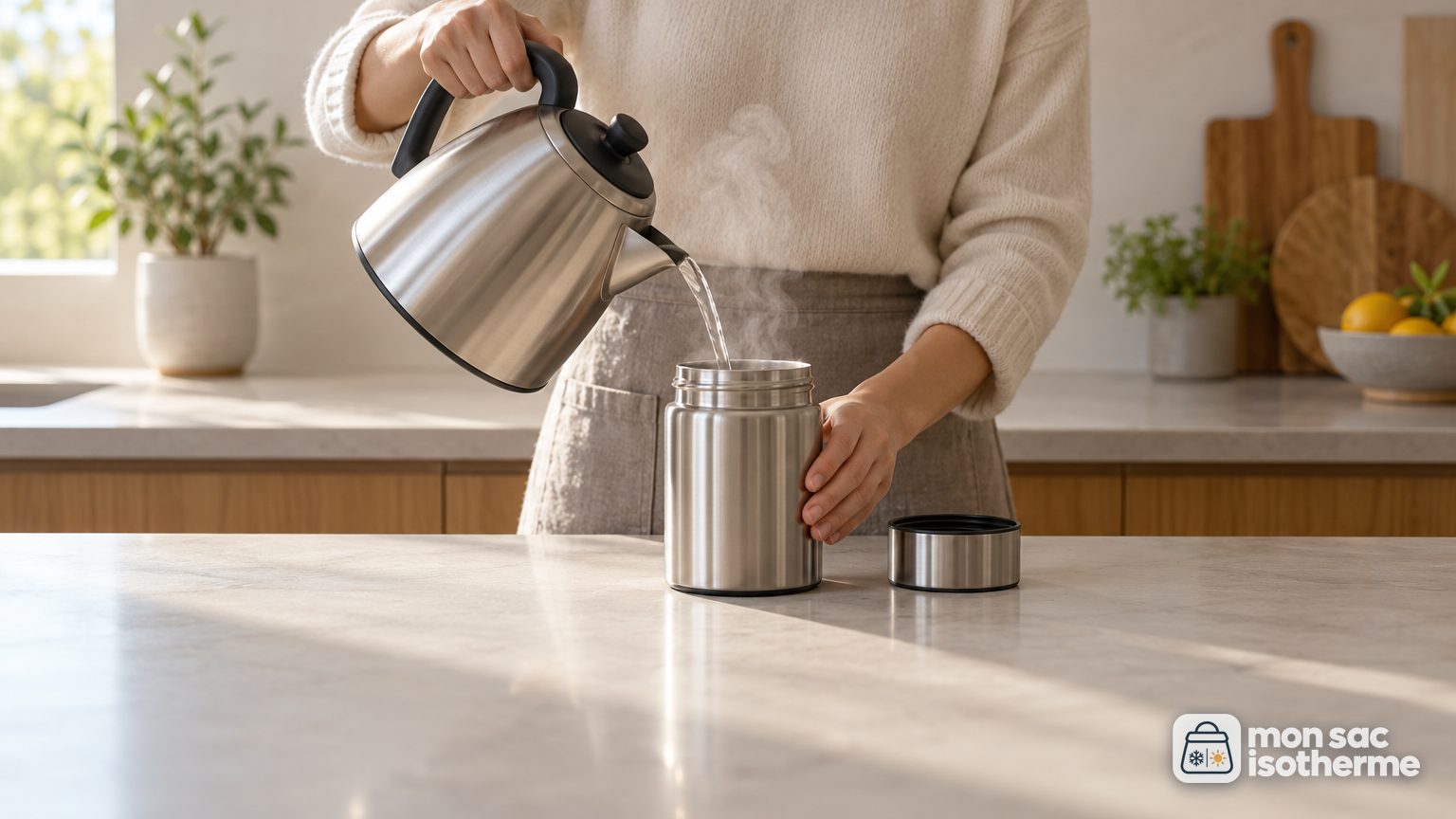 Eau bouillante versée depuis une bouilloire dans un thermos alimentaire en inox pour le préchauffer
