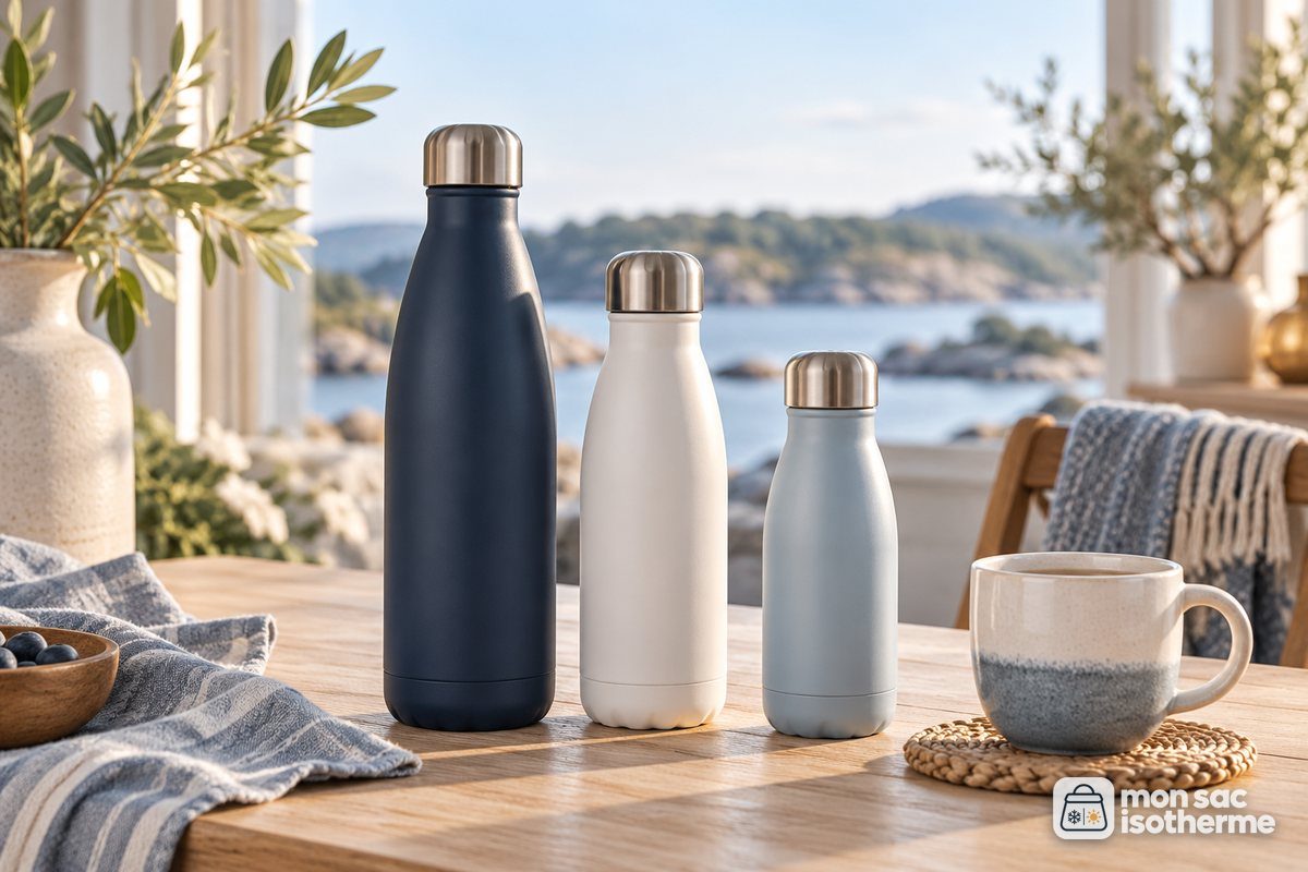Trois bouteilles isothermes en inox de tailles différentes alignées sur une table en bois