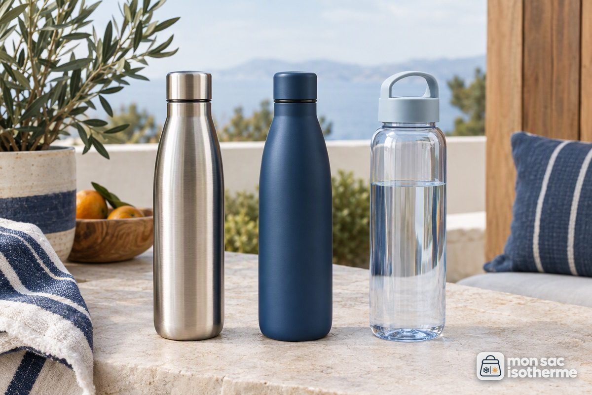 Trois gourdes côte à côte : inox, aluminium et plastique