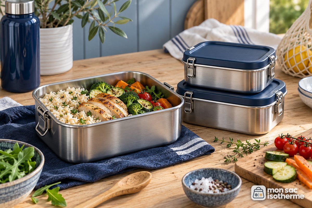 Trois lunch box en inox de tailles différentes dont la plus grande ouverte avec un repas complet