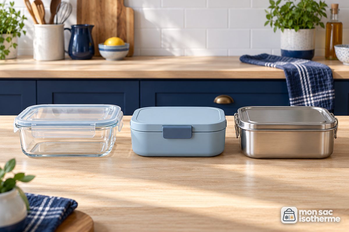Trois lunch box vides en verre, en plastique et en inox alignées sur un plan de travail