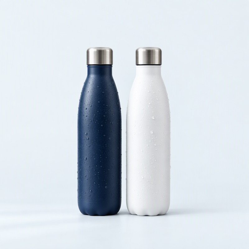 Deux bouteilles isothermes en inox, marine et blanche