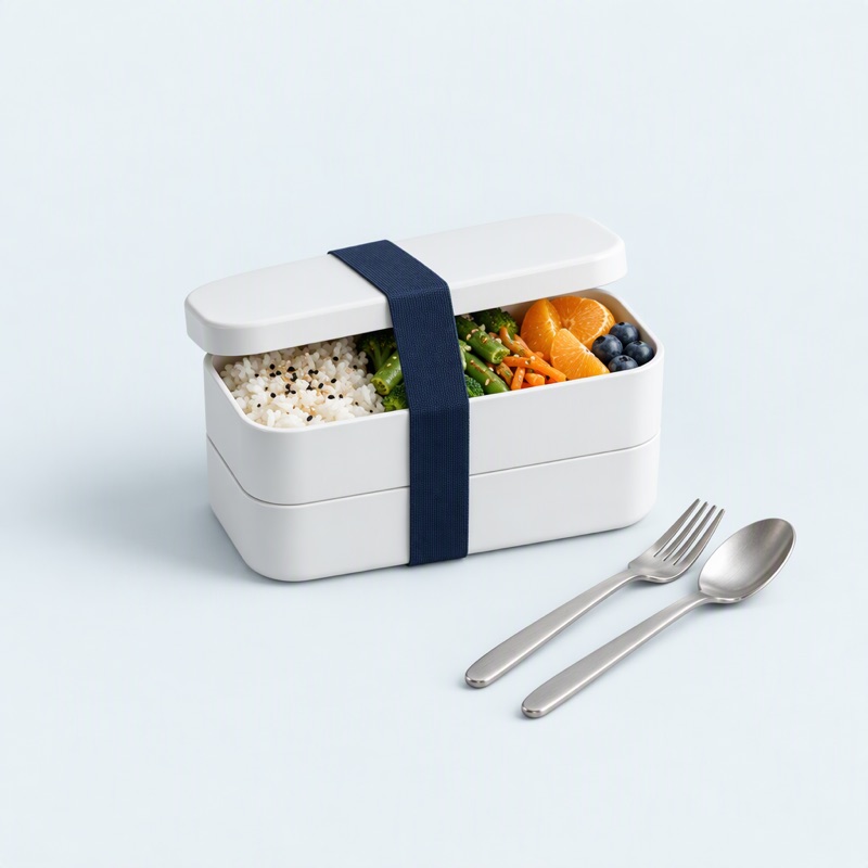 Lunch box bento blanche à deux étages avec couverts en inox